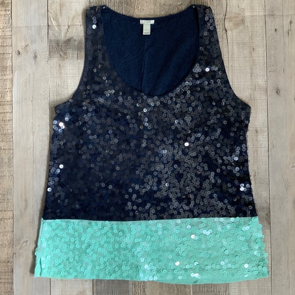 J Crew Sequin Embellished Round Neck Sleeveless Tank Top Navy Seafoam Gr… - Picture 3 of 9